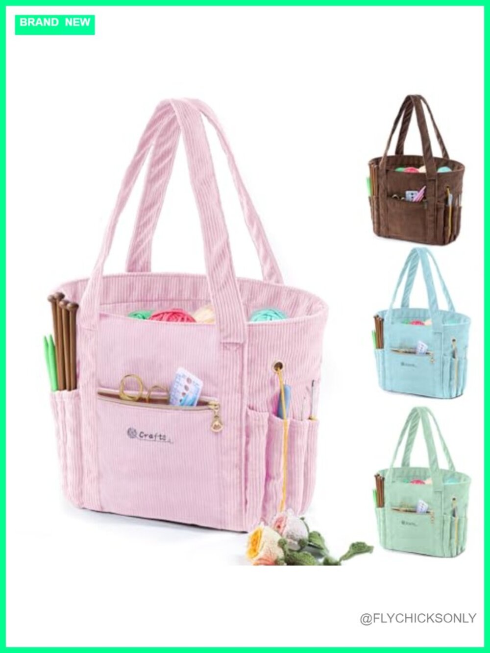 Large 11.5" Corduroy Crochet Bag with Grommets, Yarn Storage Tote for Knitting